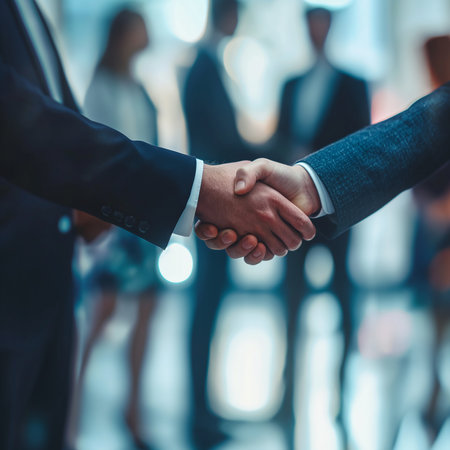 Businessmen shake hands for joint investment, group of people with blurred background, close-up, AI Generate.の素材
