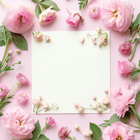 Background image for Mother's Day card, filled with flowers and space for text, pink and white tones, top view, AI Generate.の素材