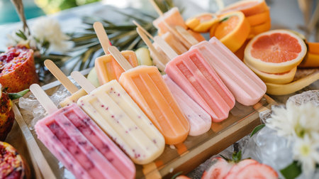 Fruit ice cream bars, various homemade frozen desserts with fruits, oranges, mangos, berries, lemons, top view, AI generate.の素材