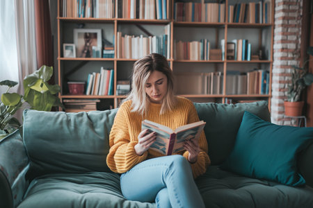 A young woman reads a book on a sofa in the living room, a student reviews lessons to prepare for an exam, a teenage girl wears a yellow shirt sitting on a sofa, AI generates.の素材
