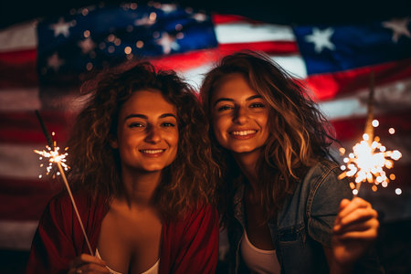 Friends celebrating with USA flag and sparklers at night, American Independence Day, AI generate.の素材