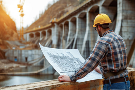 Engineer collaborating on a hydroelectric dam project, considering environmental impact and energy output, AI generate.の素材