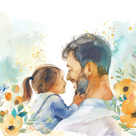 Explore a collection of charming watercolor paintings that beautifully capture the bond between father and child. These heartwarming artworks convey the warmth, love, and cherished moments shared between dads and their children, celebrating the special connection on Father's Day, AI generate.の素材