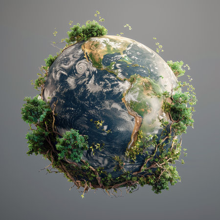 3D : International Mother Earth Day Featuring images of children, a model globe, and trees, convey the urgent of conserving nature for sustainability. Perfect for environmental campaigns and educational materials, AI generate. 3D generate.の素材