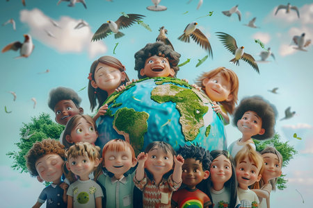 3D : International Mother Earth Day Featuring images of children, a model globe, and trees, convey the urgent of conserving nature for sustainability. Perfect for environmental campaigns and educational materials, AI generate. 3D generate.の素材