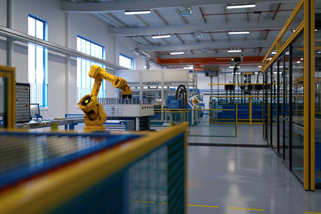 3D Robot on production line in a factory future of manufacturing with a robot seamlessly integrates into a production line, symbolizing automation and efficiency in industrial processes, cutting-edge concept of robotics in manufacturing.の素材