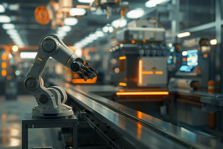 3D Robot on production line in a factory future of manufacturing with a robot seamlessly integrates into a production line, symbolizing automation and efficiency in industrial processes, cutting-edge concept of robotics in manufacturing.の素材