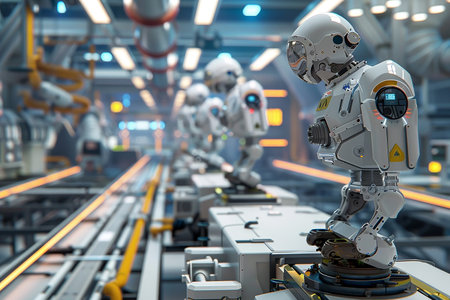 3D Robot on production line in a factory future of manufacturing with a robot seamlessly integrates into a production line, symbolizing automation and efficiency in industrial processes, cutting-edge concept of robotics in manufacturing.の素材