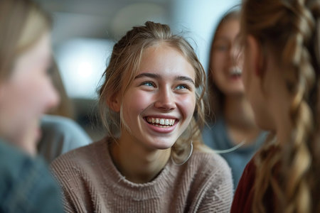 Cropped shot of a female student engaging in lively conversation with her friends. Radiating warmth and camaraderie, this picture perfectly portrays the joy of socializing on campus.の素材