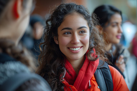 Cropped shot of a female student engaging in lively conversation with her friends. Radiating warmth and camaraderie, this picture perfectly portrays the joy of socializing on campus.の素材