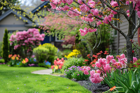 Spring Blooms, Cherry Blossoms and Flowers Experience the beauty of spring as cherry blossoms and various flowers bloom, welcoming the season with vibrant colors and delicate petals.の素材
