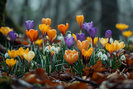 Spring arrives, flowers flourish in vibrant hues, welcoming the season with their beauty and fragrance. This image captures the essence of springtime, symbolizing renewal, growth, and the awakening of nature.の素材