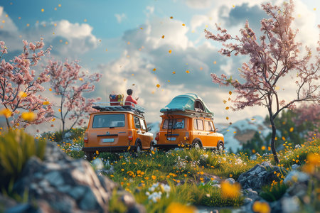 Spring camping adventure with children, Embark on a delightful 3D animated journey as happy children immerse themselves in the joys of camping outdoors. with a car equipped with a tent on the roof, creating cherished memories amidst the beauty of spring.の素材