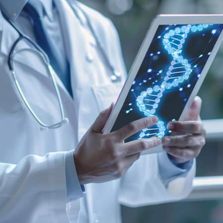 Medicine doctor touching hologram electronic medical record on tablet dna digital healthcare and network, facilitating DNA analysis and enhancing patient care through networked systems.の素材