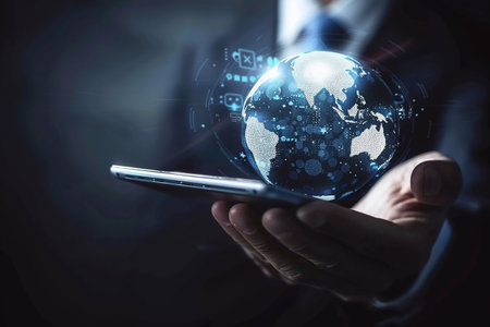 Smartphone screen with hologram global communication network, digital marketing in a globalized world, connecting businesses across the globe.の素材