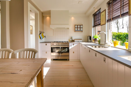 Kitchen interior design with a center island and modern equipment complete with bright tones and warm white light from the window opening.の素材
