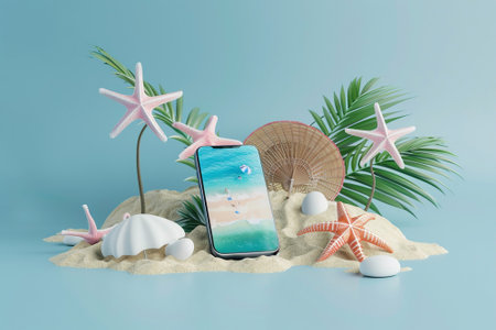 3D rendering a creative summer beach scene on a smartphone screen, a refreshing perspective on the idea of beach relaxation and leisure activities, summer concept.の素材