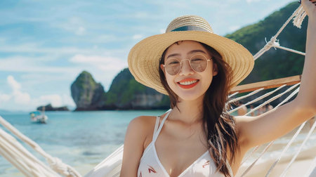 A young woman enjoying lying back in a hammock on a beach, with a bikini-clad figure and a radiant smile, joy of summer relaxation. Summer travel.の素材