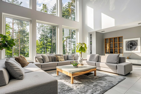 A living room featuring grey sofas, minimalist decor and ample natural light pouring in through large windows.の素材