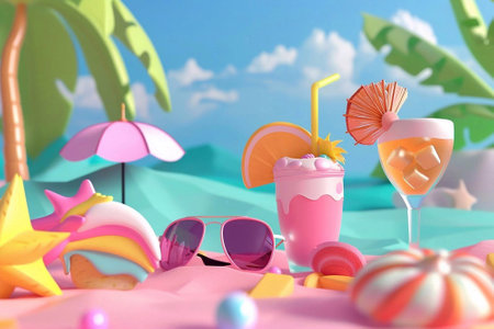 3D Animated Illustration summer beach travel, fruits, drinks, glasses, etc., for promoting summer concept.の素材