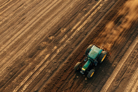 Farmers operating tractors equipped with seed drills, the hustle and bustle of farmers preparing fields and sowing seeds.の素材