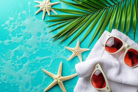 Summer background featuring array of accessories including hat, towels, starfish, sunglasses, seashells, and more. With ample copy space, top view shot.の素材