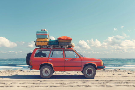 3D rendering of Big retro car SUV with baggage, luggage and beach equipment on the roof, ready for summer vacation, road trip.の素材