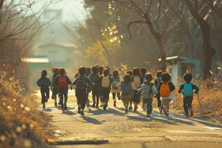 A group of elementary school children, seen from the back, joyfully sprint towards their school at the start of the new term, back to school.の素材