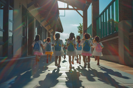 A group of elementary school children, seen from the back, joyfully sprint towards their school at the start of the new term, back to school.の素材
