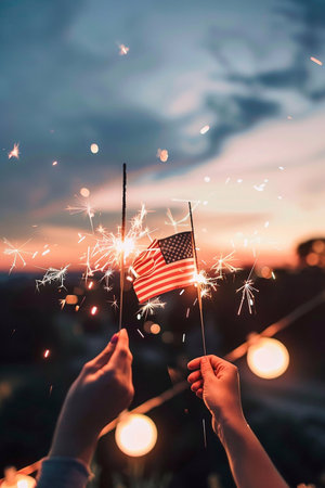 Illustration USA Celebration with hands holding sparklers and american flag at sunset background.の素材