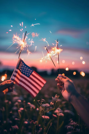 Illustration USA Celebration with hands holding sparklers and american flag at sunset background.の素材