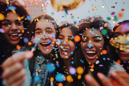 Friendship Day illustration group of friends celebrating and confetti , happiness and togetherness of friendship and fun.の素材