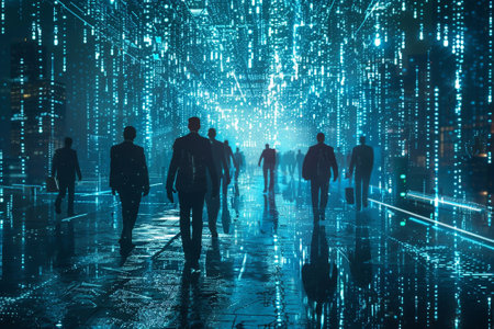 Group of businesspeople and transactions in the future world, Abstract background for business concepts, blockchain, AI, and digital currencies.の素材