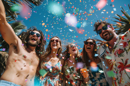 Friendship Day illustration group of friends celebrating and confetti , happiness and togetherness of friendship and fun.の素材