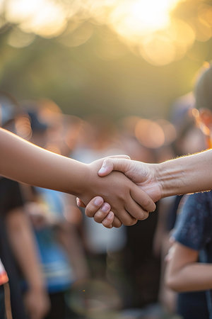 Shaking hands showing symbol of happy friendship flat handshake greeting Friendship Day.の素材