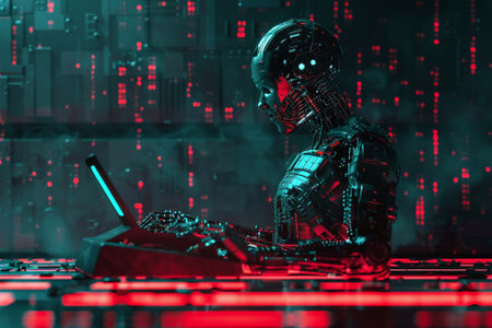 The intersection of vintage and cutting-edge technology with a robot assistant using a typewriter, big data matrix, artificial intelligence technology and machine learning.の素材