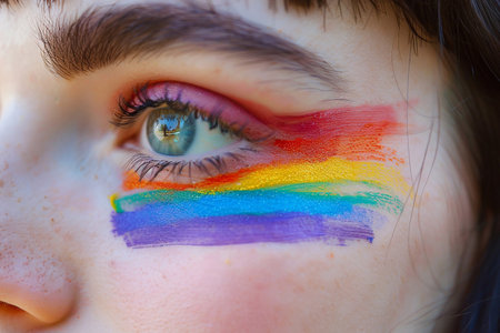 A vibrant crowd of diverse individuals celebrating LGBTQ+ Pride, waving rainbow flags and wearing colorful outfits, with joyful expressions and a festive atmosphere captured in sharp, high-resolution.の素材