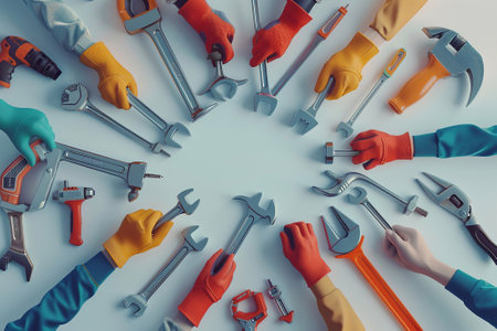 3D render of Labor Day with hands holding tools, on a white backgroundの素材