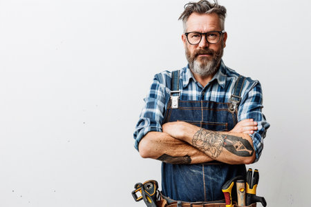 Worker man with safety glasses, holding his tools, looking professional against a plain white backgroundの素材