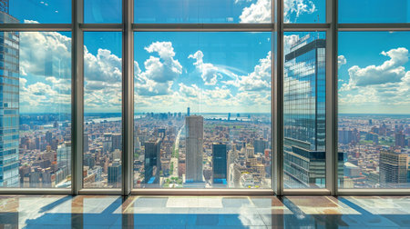 Afternoon perspective from a high-rise office window, showcasing the urban landscape bustling with activity under the bright midday sun, energizing and dynamicの素材
