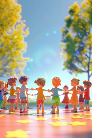 Animated 3D scene of happy children holding hands in a circle, community celebration, diverse backgrounds, sunny dayの素材