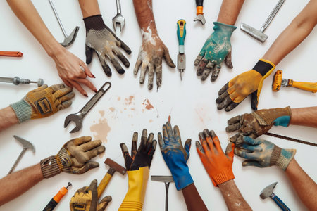 Hands with various working tools, 3D render for Labor Day, white backgroundの素材