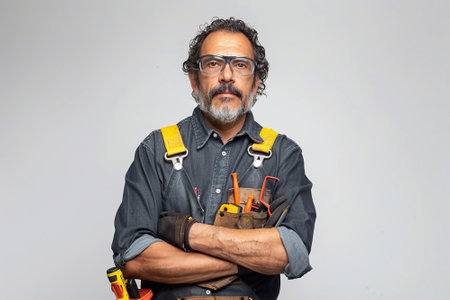 Worker man with safety glasses, holding his tools, looking professional against a plain white backgroundの素材