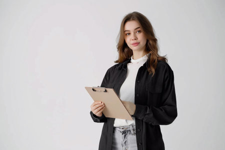 Professional young woman, holding a clipboard, posing against a plain white backgroundの素材