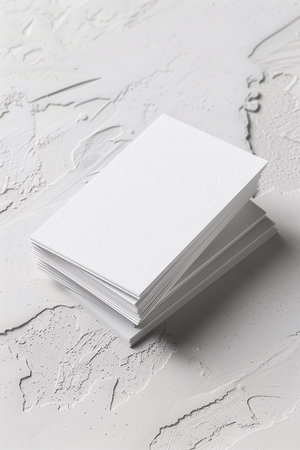 Business cards fan stack mockup on a white textured paper background, top view, minimalistic and neat layoutの素材