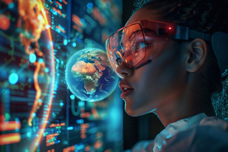 Young woman in virtual reality glasses, examining a spinning globe on a digital screenの素材