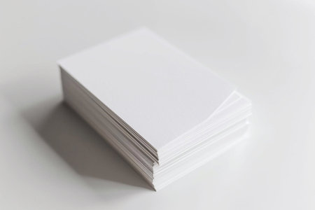 High-angle view of a fan stack of business cards on a white textured paper background, minimalistic designの素材