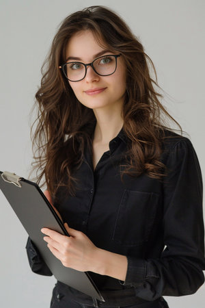 Confident appearance young woman manager in glasses, holding a clipboard, posed against a white backdropの素材
