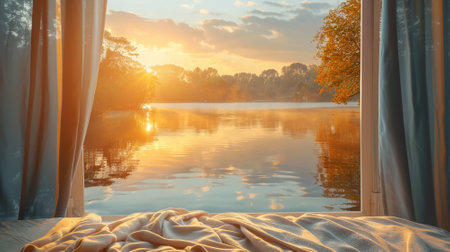 Bedroom window framing a picturesque sunrise over a tranquil lake, the golden morning light casting reflections on the water, creating a serene start to the dayの素材