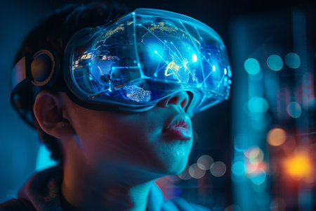 Young researcher in VR goggles, navigating a virtual globe on a transparent screenの素材